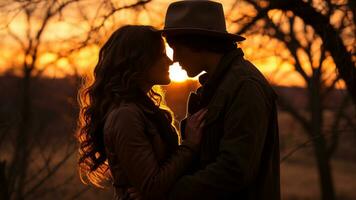 romantisch zonsondergang silhouetten voor valentijnsdag dag in de avond gloed, ai generatief foto