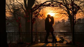 romantisch zonsondergang silhouetten voor valentijnsdag dag in de avond gloed, ai generatief foto