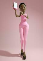 schattig jong zwart dame 3d tekenfilm karakter Holding en tonen smartphone met blanco scherm over- roze achtergrond. 3d weergave. foto