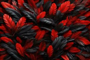rood en zwart veer achtergrond, kleurrijk veer behang, veren achtergrond, pluizig veer textuur, veer patroon, veer textuur, vacht textuur, ai generatief foto
