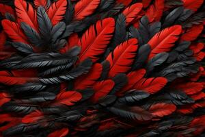 rood en zwart veer achtergrond, kleurrijk veer behang, veren achtergrond, pluizig veer textuur, veer patroon, veer textuur, vacht textuur, ai generatief foto
