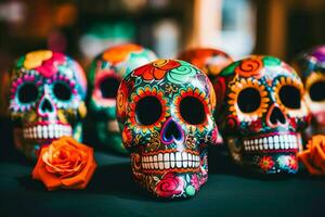 levendig kleurrijk dia de los Muertos of dag van de dood calavera suiker schedel souvenirs, ai generatief foto