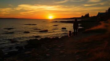 een vrouw en hond Aan een strand Bij zonsondergang, ai generatief foto