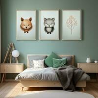 3 afbeeldingen van een baby kamer met de beer, hert, leeuw en teddy beer ai generatief foto