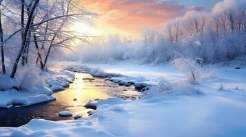 ijzig winter rivier- helder landschap ai gegenereerd foto