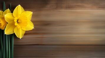 gele narcis narcis bloem Aan hout achtergrond met kopiëren ruimte, ai generatief foto