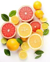 kleurrijk top visie van een selectie van biologisch citroenen en grapefruits Aan een wit achtergrond. generatief ai foto