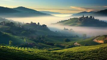 landschap land- dageraad mist landschap ai gegenereerd foto