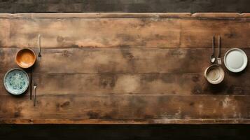 houten tafel vlak wijnoogst top visie ai gegenereerd foto
