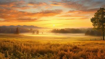 mist vallen dageraad landelijk landschap ai gegenereerd foto