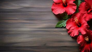 hibiscus bloem Aan hout achtergrond met kopiëren ruimte, ai generatief foto