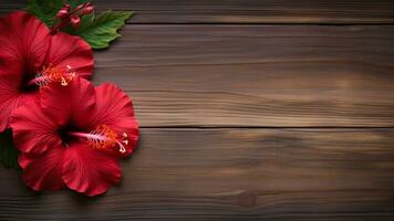 hibiscus bloem Aan hout achtergrond met kopiëren ruimte, ai generatief foto