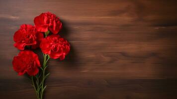 anjer bloem Aan hout achtergrond met kopiëren ruimte, ai generatief foto