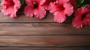 hibiscus bloem Aan hout achtergrond met kopiëren ruimte, ai generatief foto