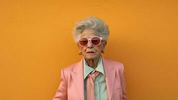 modieus portret van een ouderen vrouw vervelend zonnebril, ai generatief foto