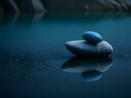 een weinig steentjes Aan de oppervlakte van voorzichtig kabbelend blauw water ai genereren foto