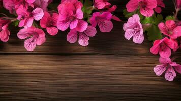 geranium pelargonium bloem Aan hout achtergrond met kopiëren ruimte, ai generatief foto