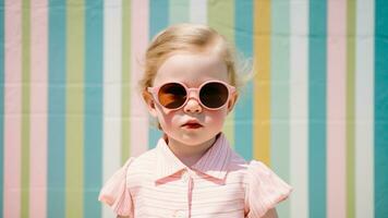 mode portret van elegant baby meisje met zonnebril Aan zomer, ai generatief foto