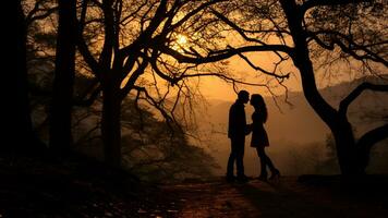 romantisch zonsondergang silhouetten voor valentijnsdag dag in de avond gloed, ai generatief foto