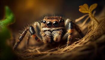 klein spin kruipen, spookachtig natuur, macro vergroting gegenereerd door ai foto