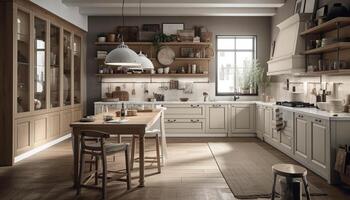 elegant roestvrij keuken eiland in modern appartement gegenereerd door ai foto
