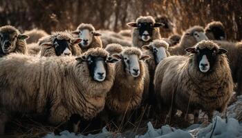 groot kudde van huiselijk schapen begrazing in winter gegenereerd door ai foto