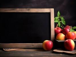 blanco schoolbord mockup met biologisch vers appels Aan houten tafel, landbouw en bedrijf boer concept, ai gegenereerd foto