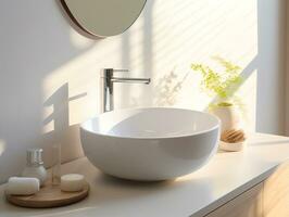 modern wit schoon wassen bekken en kraan met ochtend- zonlicht in badkamer, ai gegenereerd foto