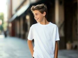 schattig tiener jongen vervelend blanco leeg wit t-shirt mockup voor ontwerp sjabloon, ai gegenereerd foto