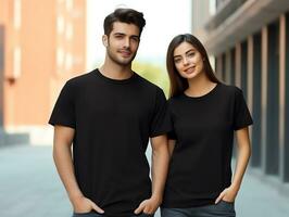 een paar vriendje en vriendin vervelend blanco zwart bij elkaar passen t-shirts mockup voor ontwerp sjabloon foto