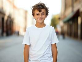 schattig jongen vervelend blanco leeg wit t-shirt mockup voor ontwerp sjabloon, ai gegenereerd foto