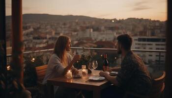 jong paar genieten van een romantisch op het dak avondeten gegenereerd door ai foto