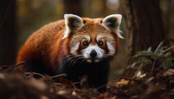 pluizig rood panda zittend Aan boom Afdeling gegenereerd door ai foto