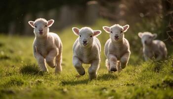 nieuw leven Aan de boerderij, speels lam rennen gegenereerd door ai foto