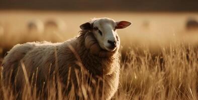 nieuwsgierig lam blikken Bij zonsondergang Aan boerderij weide gegenereerd door ai foto