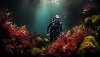 mannen duiken diep in blauw onderwater- avontuur gegenereerd door ai foto
