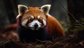 pluizig rood panda zittend in groen gras gegenereerd door ai foto