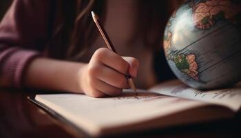 Kaukasisch leerling aan het studeren wereld kaart met concentratie gegenereerd door ai foto
