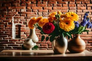 bloemen in vazen Aan een tafel in voorkant van een steen muur. ai-gegenereerd foto