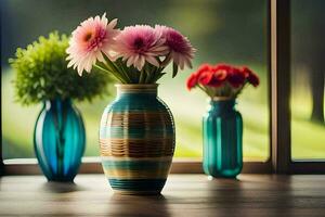 drie vazen met bloemen zittend Aan een tafel. ai-gegenereerd foto