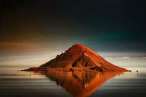 een berg met een rood lucht en water. ai-gegenereerd foto