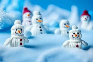 sneeuwmannen zijn gemaakt van breien wol en zijn vervelend hoeden. ai-gegenereerd foto