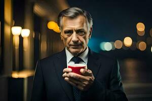 een Mens in een pak en stropdas Holding een koffie beker. ai-gegenereerd foto