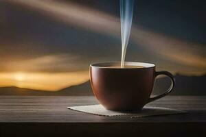 een kop van koffie Aan een tafel met een zonsondergang in de achtergrond. ai-gegenereerd foto