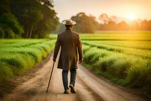 een Mens in een pak wandelen naar beneden een aarde weg. ai-gegenereerd foto