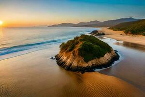 een strand met zand en water Bij zonsondergang. ai-gegenereerd foto
