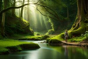 een persoon wandelen langs een pad in een Woud met groen bomen. ai-gegenereerd foto