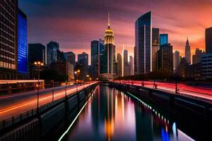 een stad horizon Bij zonsondergang met een rivier- en een brug. ai-gegenereerd foto