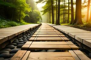 een houten pad in de bossen met rotsen en bomen. ai-gegenereerd foto