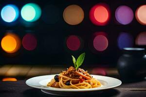 een bord van spaghetti met vlees en groenten Aan een tafel in voorkant van kleurrijk lichten. ai-gegenereerd foto
